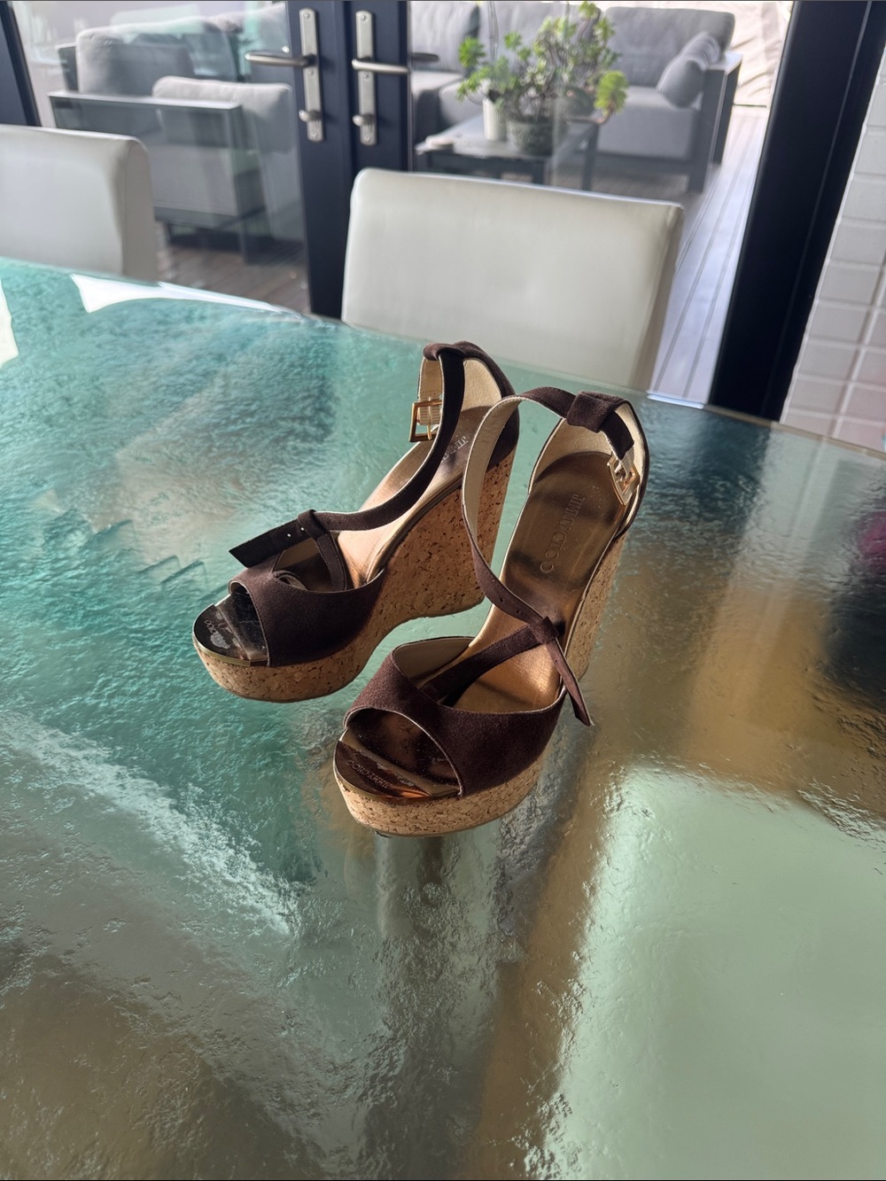Jimmy Choo Womenโs Brown Cork Wedge Sandals